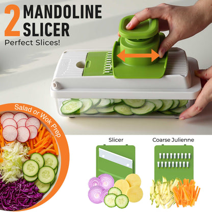 Mueller Vegetable Chopper, Mandoline Slicer, Food Veggie Chopper, Cheese Grater, Onion Vegetable Cutter with Container, Dicer, Kitchen Gadgets & Essentials, White Sand/Green