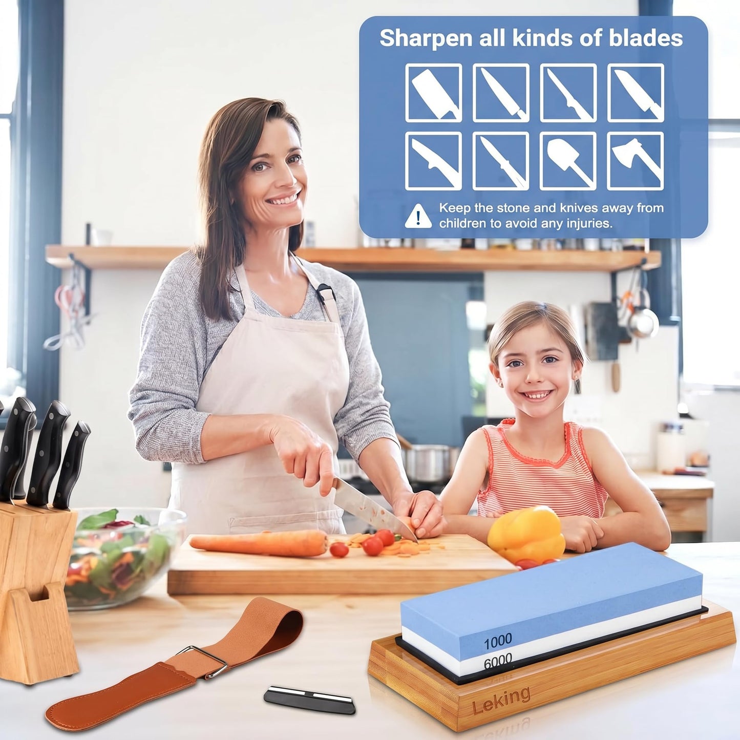 Leking Professional Knife Sharpener & Sharpening Stone Set: 1000/6000 Grit Dual-Sided Whetstone(7"x2.4"x1.2") with Bamboo Base, Non-Slip Silicone Holder, Angle Guide & Leather Strop Kit