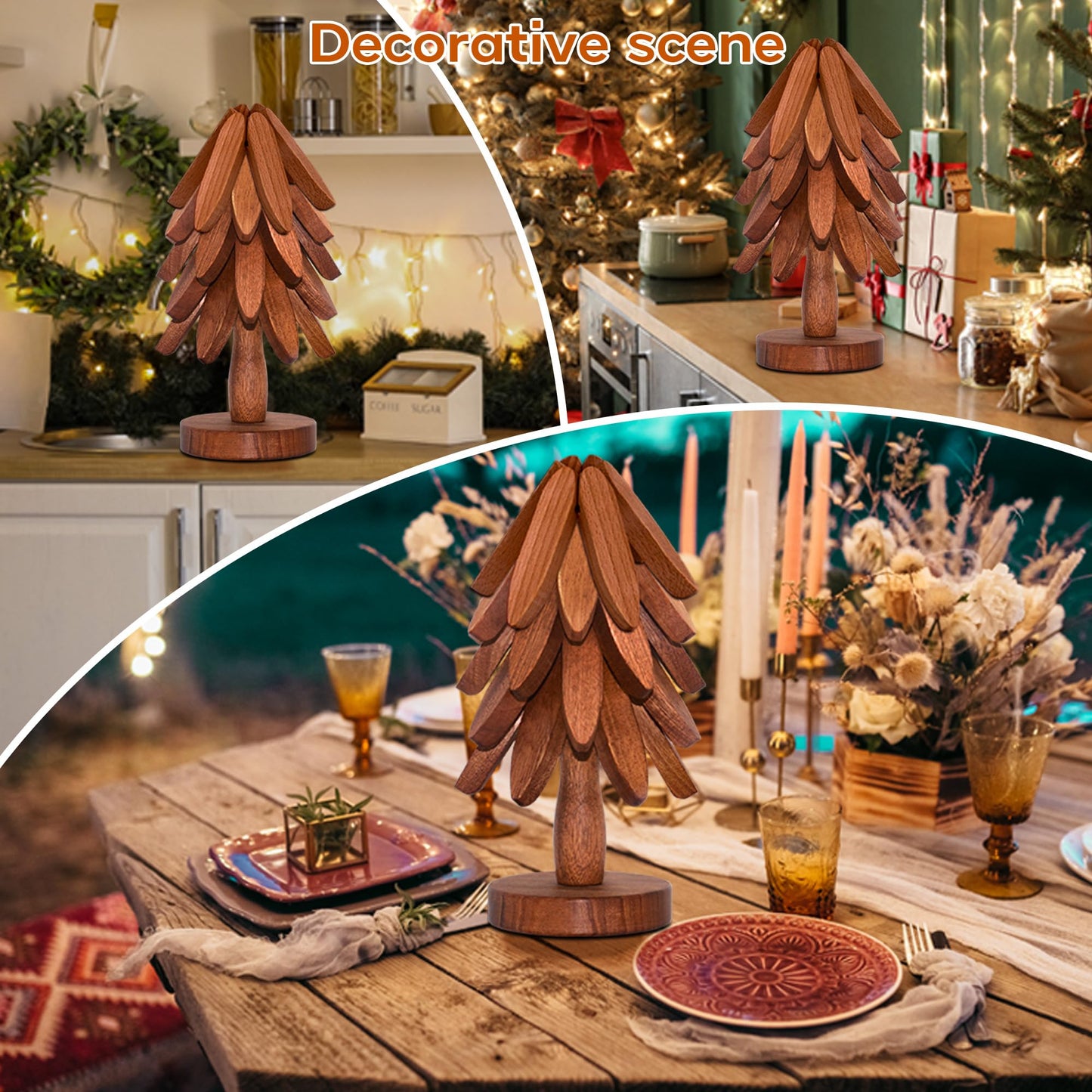 Wooden Trivets for Hot Dishes, Wooden Tree Trivet Set of 5 for Easy Storage - Suited for Hots, Pans, Bowl, Teapot, Hot Holders - Multifunctional Ornaments (Dark - 5 PCs)