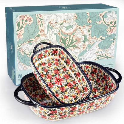 Polish Pottery Style Ceramic Baking Dish Set, 2-Piece Large & Small Casserole Bakers for 2–3 People, Floral Oven-to-Table Bakeware, Microwave & Dishwasher Safe, Gift-Ready with Protective Packaging