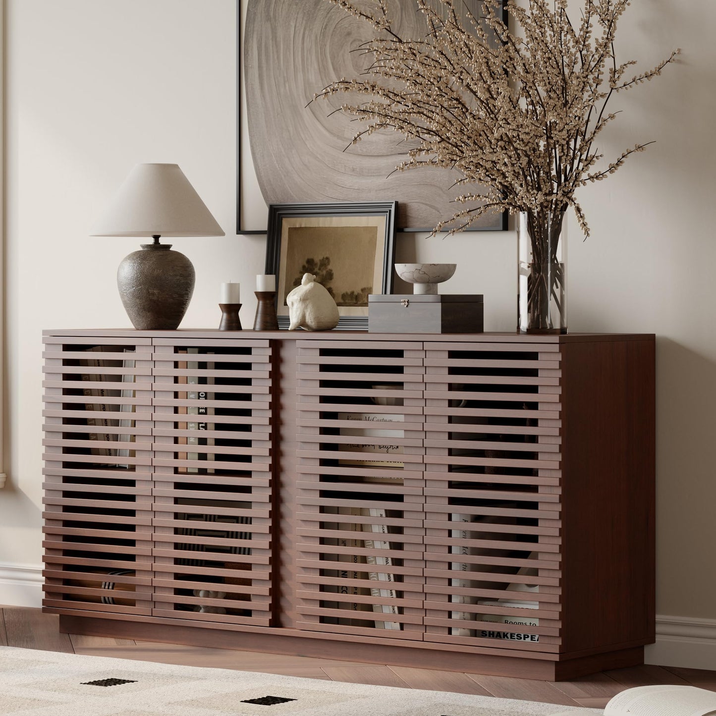 GDFStudio 60" Mid Century Modern Buffet Sideboard with Solid Wood Slatted Doors & Adjustable Shelves, Classic Buffet Sideboard Credenza Storage Cabinets Console Table for Living Room Dining Room, Oak