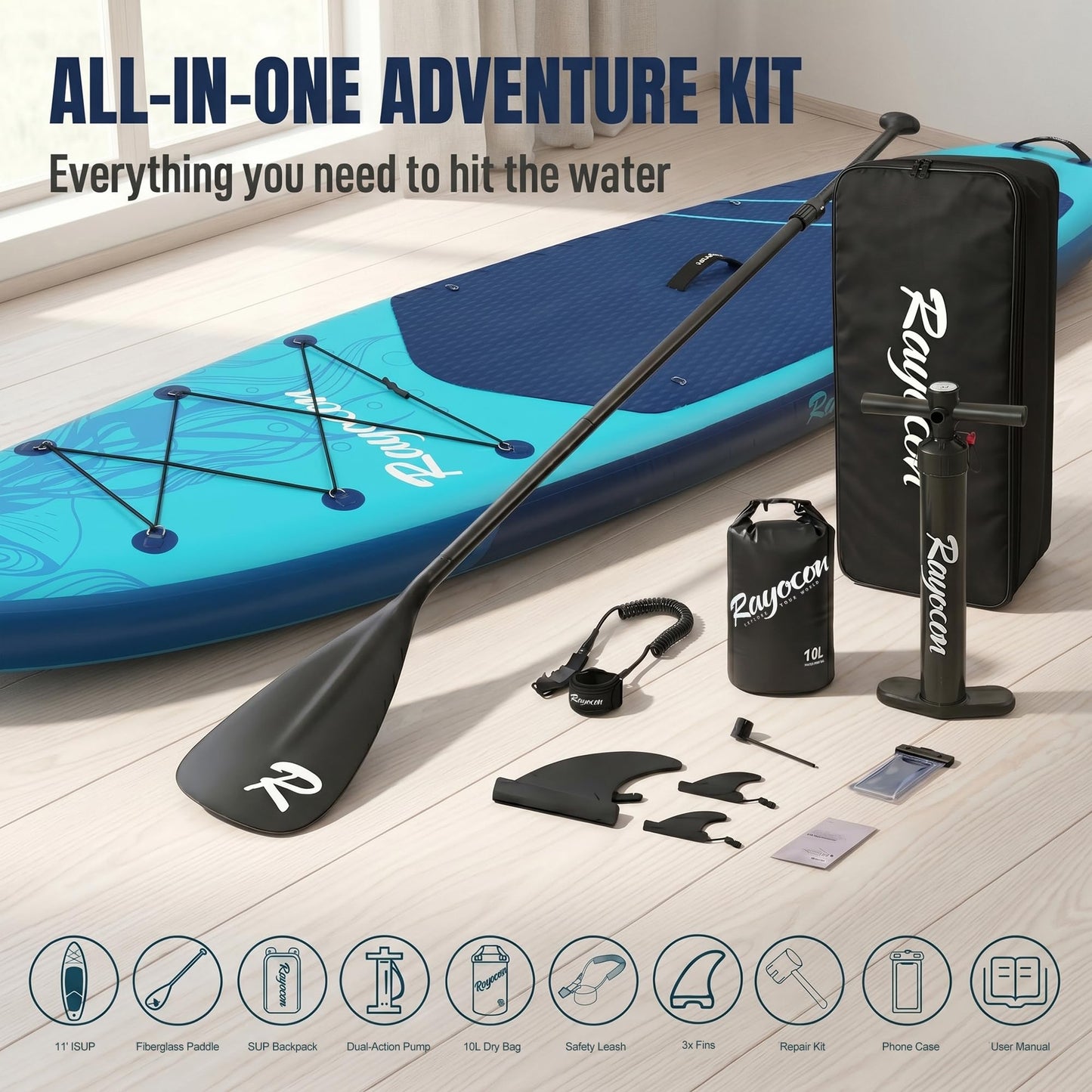 Inflatable Stand Up Paddle Board 11'×34" Extra Wide SUP, Ultra-Stable for Adults & Dog, 450lbs, Dual Chamber Pump, Fiberglass Paddle, Military Grade Dual Layer, Jellyfish Flow Design（Blue）