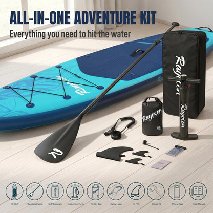 Inflatable Stand Up Paddle Board 11'×34" Extra Wide SUP, Ultra-Stable for Adults & Dog, 450lbs, Dual Chamber Pump, Fiberglass Paddle, Military Grade Dual Layer, Jellyfish Flow Design（Blue）