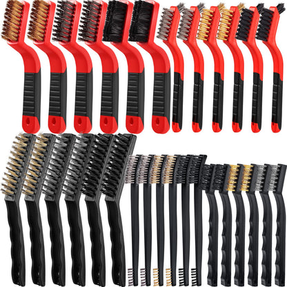 Sumind 30 Pcs Wire Cleaning Brush Set Nylon/ Stainless Steel/ Brass Metal Brush with Curved Handle Grip Paint Remover for Cleaning Rust Grout Cleaner (Nylon, Brass, Stainless Steel)