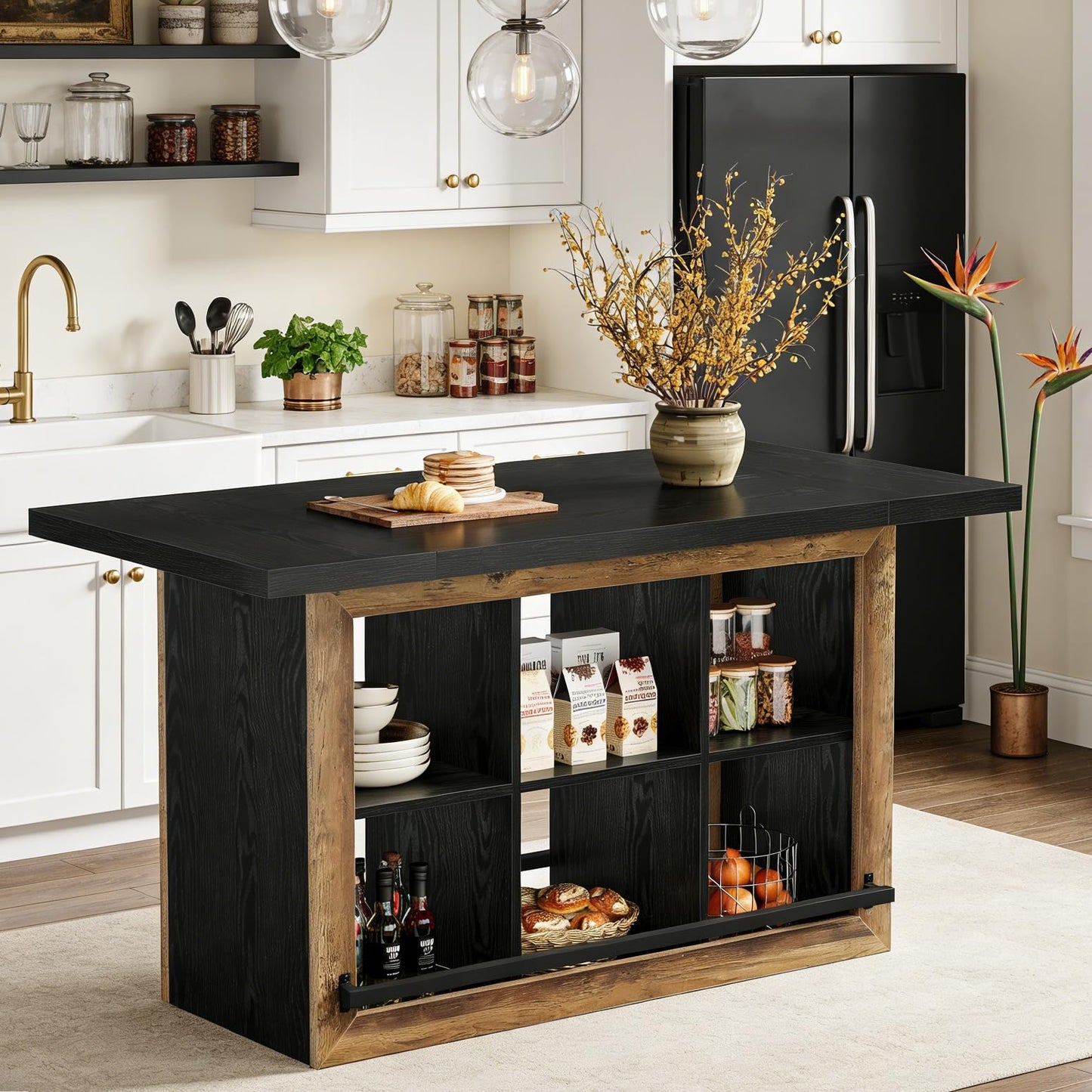 Tribesigns Kitchen Island with Storage, 62.6" Farmhouse Table with 6-Cubby Open Shelves & Metal Foot Rail, Butcher Block Style Counter Height Stationary Unit