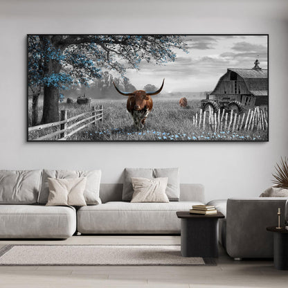 yiijeah Rustic Wall Art - Western Home Decor Cow Picture 86x39 Inches Extra Large Rustic Longhorn Living Room Bedroom Canvas Framed Artwork Farmhouse Wall Decor