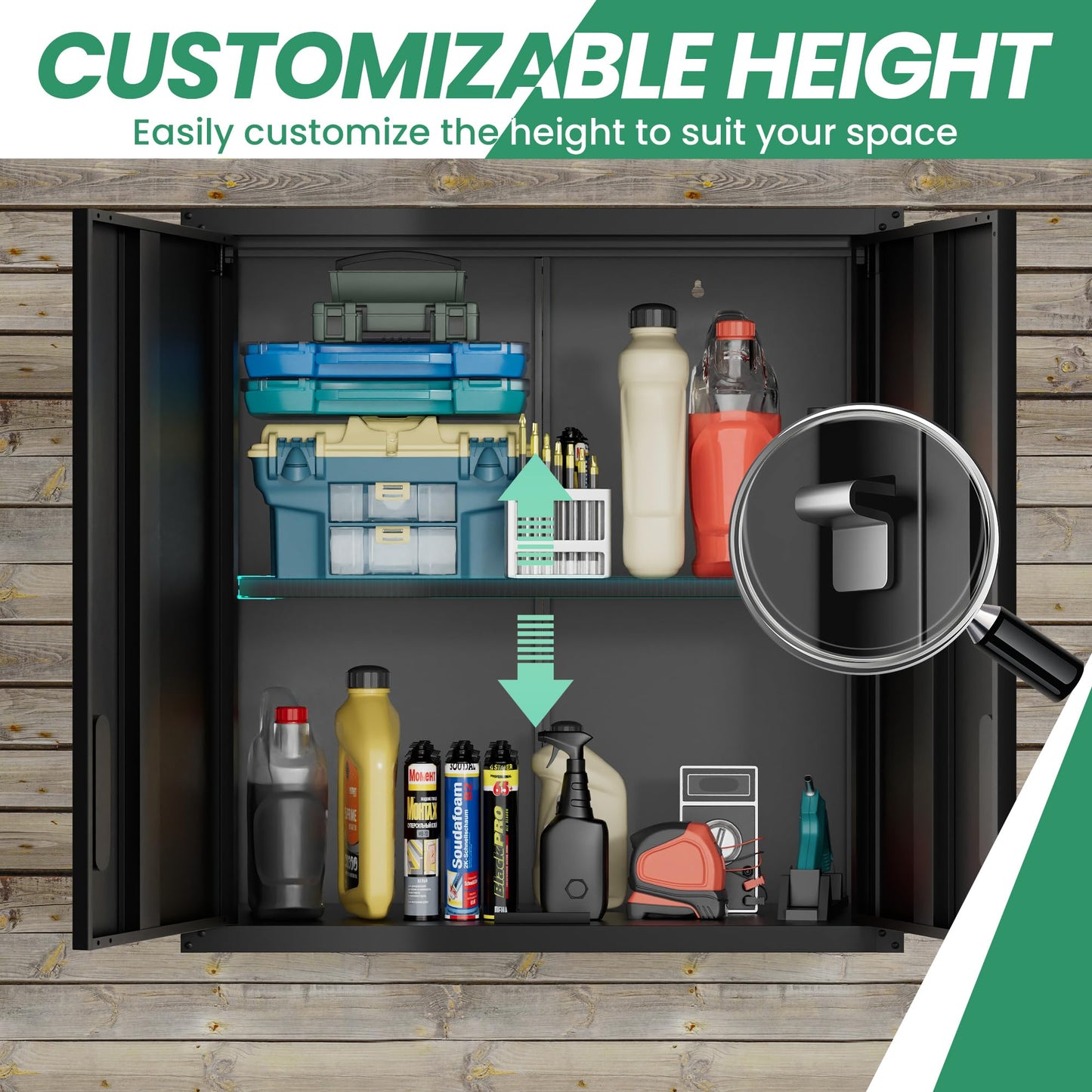 VIYET Metal Tool Cabinet,Garage Storage Cabinet System,Wall Cabinet & Locking Rolling Tool Cabinet with Doors and Adjustable Shelves,Steel Tool Cabinets for Home