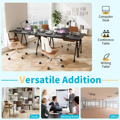 Conference Table with Wheels, Folding Conference Table with Knob & 4 Brake Casters, Modular Flip Top Mobile Conference Room Table for Office, Meeting, Training Room, Class (8, Black, 55.1in)