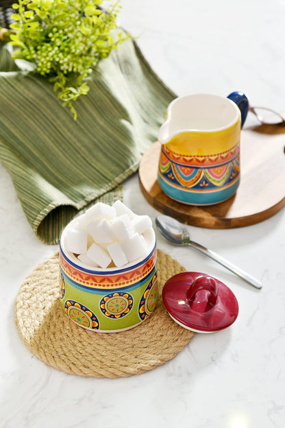 Bico Tunisian Ceramic Sugar and Creamer Set, Sugar Bowl with Lid, Cute Container for Coffee Bar, Kitchen Countertop Accessories, Microwave and Dishwasher Safe