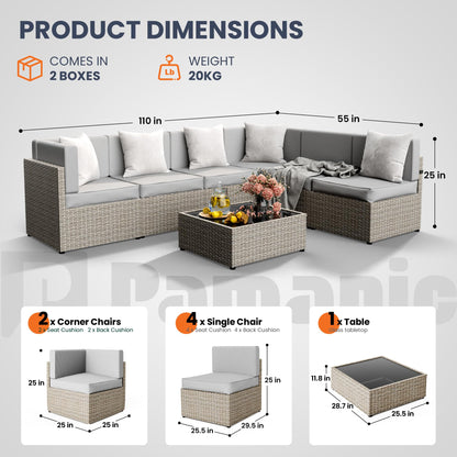 Pamapic 7 Piece Outdoor Sectional Furniture Set, All-Weather Wicker Patio Furniture with Washable Cushions, Waterproof Gray Rattan Conversation Sofa Set for Backyard, Poolside, Garden