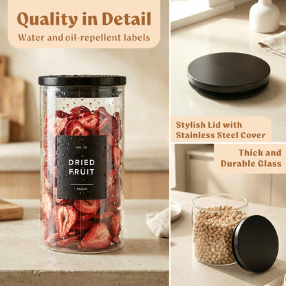 EDELHAUS Glass Storage Containers with Black Lids [Extra Thick Glas] with 54 Labels - Canister For Pantry Noodles Flour Cereal Rice Sugar Tea Coffee Beans - Round Set of 5x