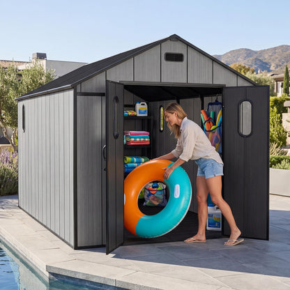 Domi 8x14Ft Resin Outdoor Storage Shed with Floor, Plastic Garden Storage Shed, Outside Weatherproof Storage Building for Tools, Bike, Lawn Mower, Patio, Backyard