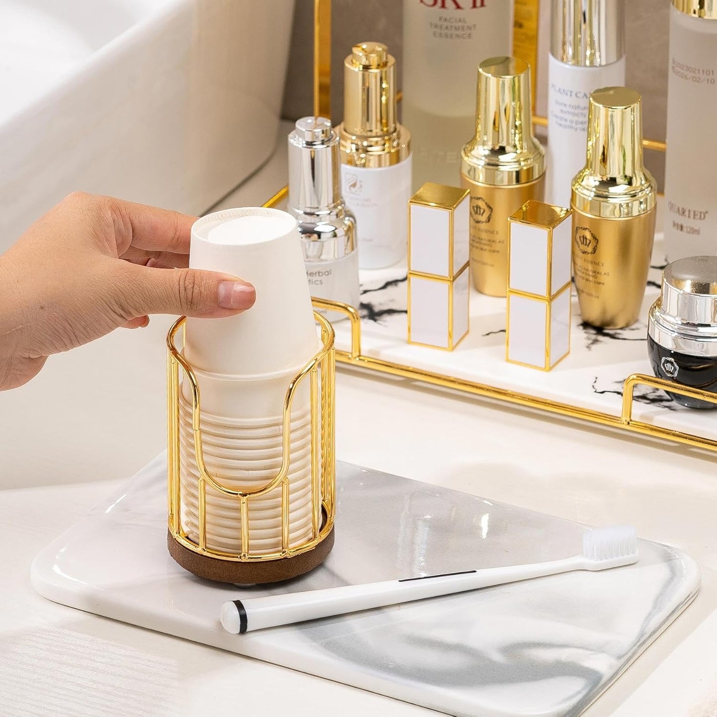 Bathroom Cup Dispenser with Acacia Wood Stand, Essential Accessories for Toothbrush Holders on Vanity Countertops,