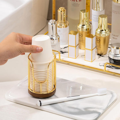 Bathroom Cup Dispenser with Acacia Wood Stand, Essential Accessories for Toothbrush Holders on Vanity Countertops,