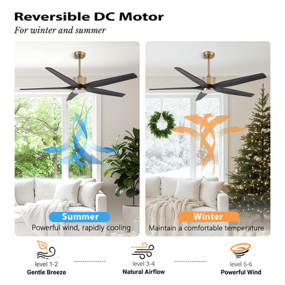 LEDLUX 60" Ceiling Fan with Light – Remote Control, Solid Wood, 6-Speed, Quiet Reversible DC Motor, Black/Gold Finish, 4.5"/12" Downrods, Noiseless Large Ceiling Fan for Bedroom, Living Room, Porch