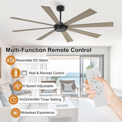 WINGBO 60" Black Ceiling Fan without Light, Modern Large Ceiling Fan with Remote Control, 6-Speed Reversible Noiseless DC Motor, Black/Driftwood Blades for Living Room, Bedroom & Covered Outdoor