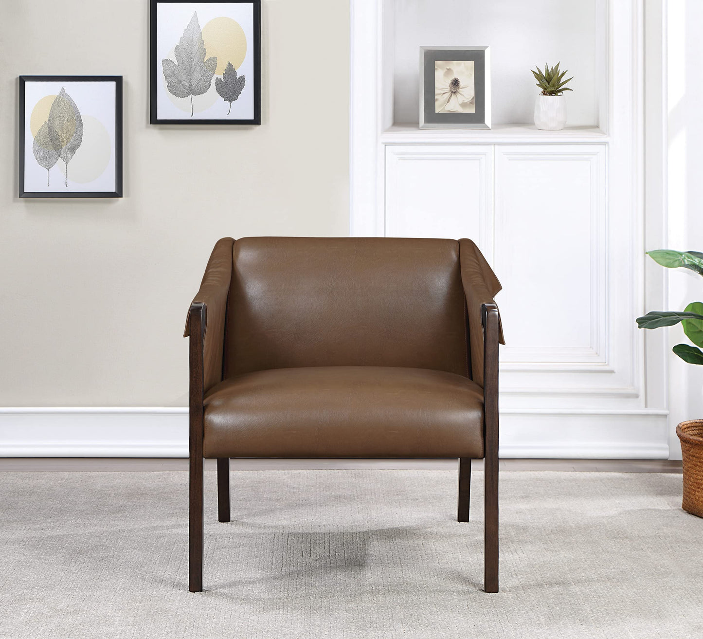 OSP Home Furnishings Parkfield Faux Leather Accent Chair with Sling Buckle Design and Solid Wood Frame, Molasses