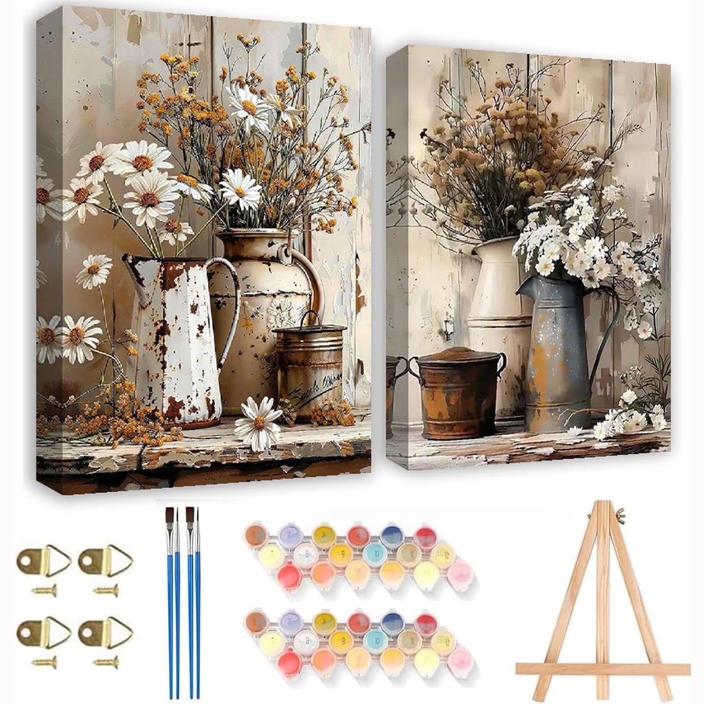 2Pack Flowers Paint by Numbers Kit for Adults Beginners, Floral in Tin Cans Adults Paint by Number Kits with framed-Wood Easel, DIY Acrylic Oil Painting by Numbers Crafts for Home Wall Decor 8X12 Inch