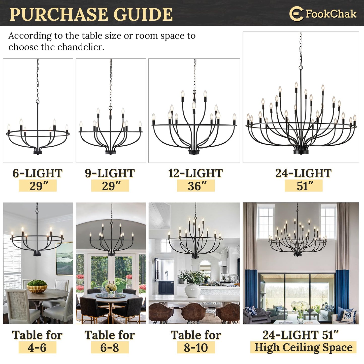 FookChak 24 Light Black Chandelier 51'' Large Candle Chandeliers for High Ceiling Foyer Modern Farmhouse Chandelier Light Fixture for Large Living Room Dining Room Stairs Entry Restaurant Hotel