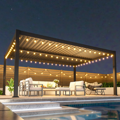 12' x 16' Louvered Pergola, Metal Outdoor Pergola with Adjustable Louvered Roof & Gutter System, Hardtop Patio Gazebo for Backyard, Deck, Garden, Dark Gray