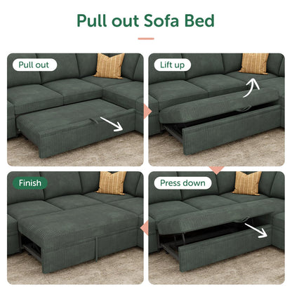 HONBAY Modular Sectional Sleeper Sofa with Pull Out Bed, Corduroy L Shaped Couch with Storage, Sectional Couches for Living Room, Green