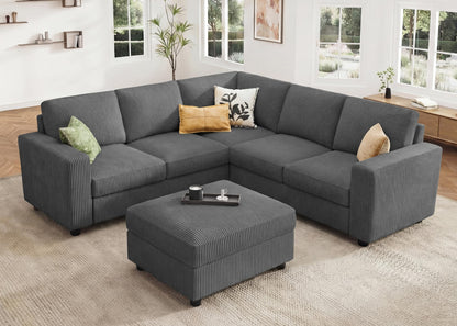 HONBAY Sectional Sofa with Storage 6 Seater L-Shaped Sectional Couches for Living Room, Grey
