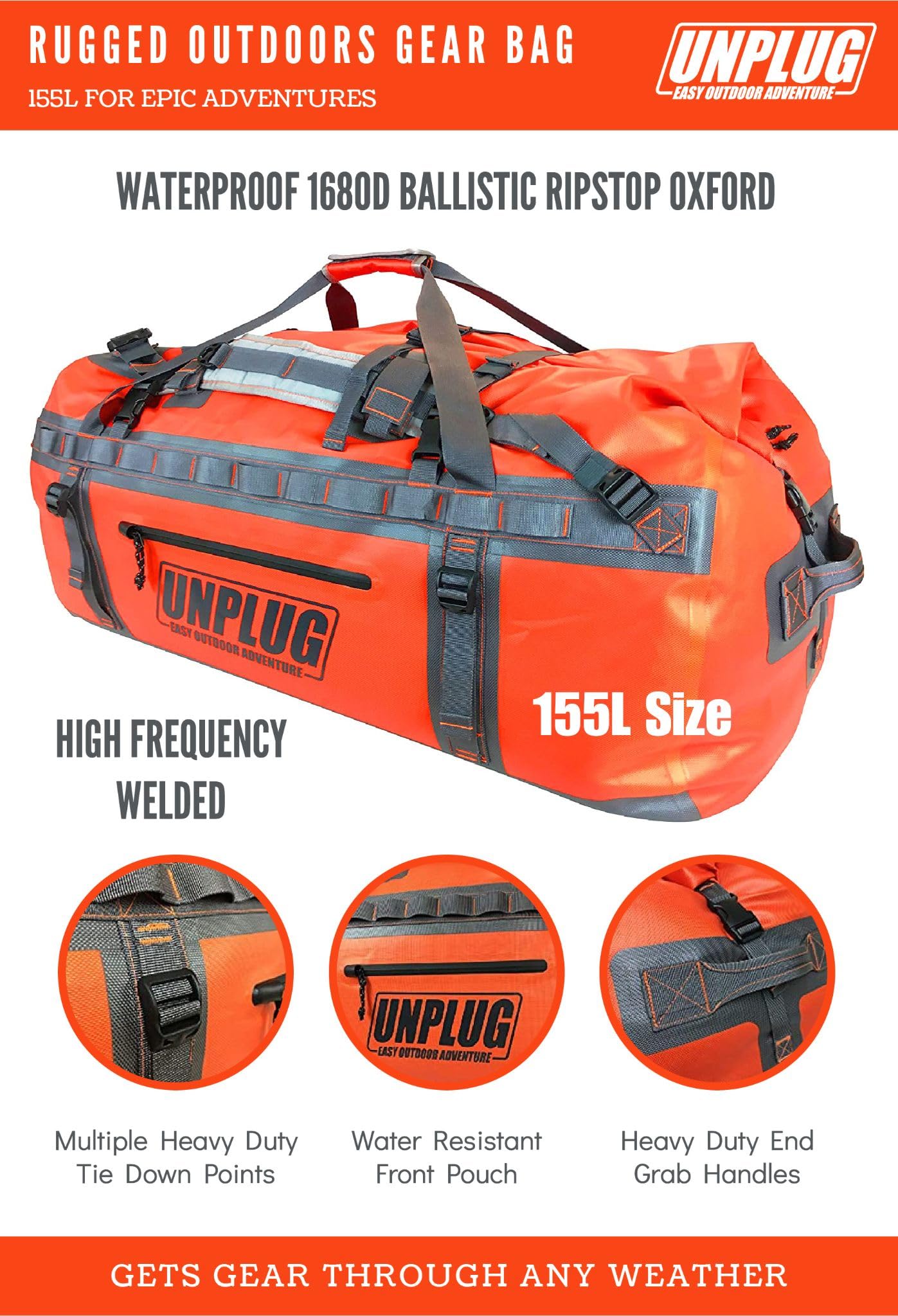 UNPLUG Ultimate Adventure | 1680D Heavy Duty Waterproof Bag | Large Travel Bag which can be Used for Camping, Motorcycling, Boating, or Hunting|155L Adventure Orange