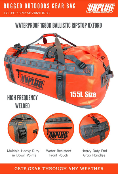 UNPLUG Ultimate Adventure | 1680D Heavy Duty Waterproof Bag | Large Travel Bag which can be Used for Camping, Motorcycling, Boating, or Hunting|155L Adventure Orange