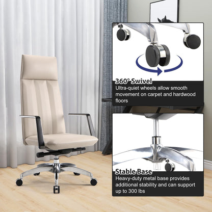 Ergonomic High Back Office Chair, Big and Tall Office Desk Chairs with Adjustable Height and Tilt Angle, Mid Century Modern Computer Desk Chair, Leather Executive Chair for Home Office(Khaki)