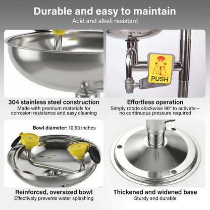 Emergency Eye Wash Station with Shower, 304 Stainless Steel Eye Wash and Shower Combination, Floor Mounted Stand Up Eyewash Station, Safety First Aid for Industrial, Commercial and Lab Use