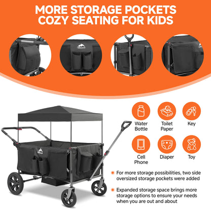 MAIZOA 4 Seater Foldable Wagon Stroller & Cargo,with 5-Point Harnesses,Adjustable Push/Pull Handle, Removable Sun Canopy, One-Step Locking Design, Suitable for Family Travel, 4 Children Ride, Gift