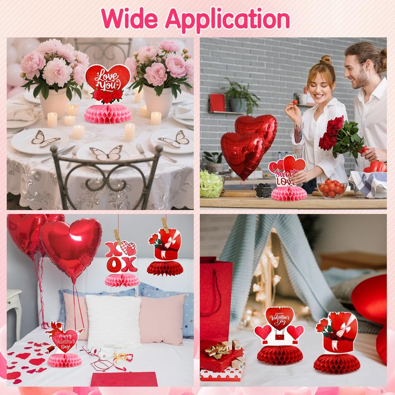Valentines Day Honeycomb Centerpieces for Tables, 9Pcs Valentines Table Decorations Honeycomb Centerpiece, Red Heart 3D Centerpiece Table Decoration for Birthday Home Valentine's Party Decor Supplies