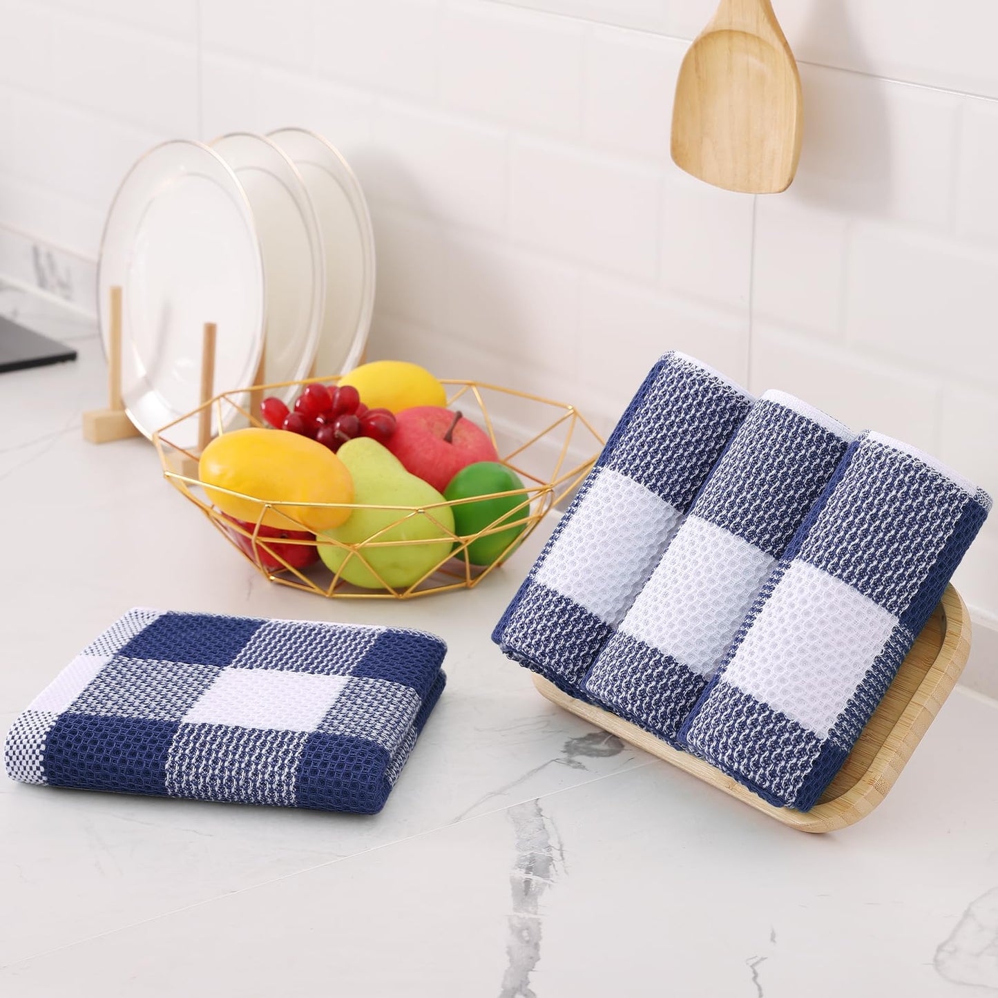 Homaxy Kitchen Towels and Dishcloths Set, 12 x 12 and 13 x 28 Inches, Set of 8 100% Cotton Waffle Weave Check Plaid Kitchen Dish Towels, Super Soft and Absorbent Dish Cloths, White & Navy Blue