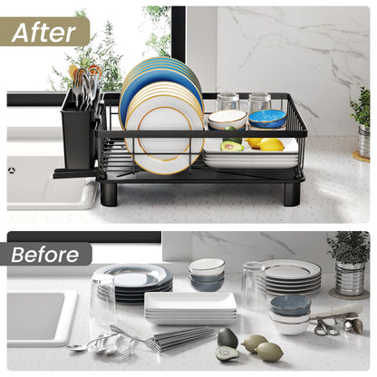 SNTD Dish Drying Rack - Space-Saving Dish Rack for Kitchen Counter, Stainless Steel Dish Drainer with Utensil Holder and Drainboard, 11" W x 15" L (Black)