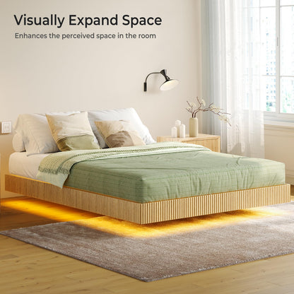 Tatub Natural Queen Floating Bed Frame with LED Lights, Modern Fluted Oak Platform Bed Frame Floating, Heavy Duty Metal Slats, No Box Spring Required