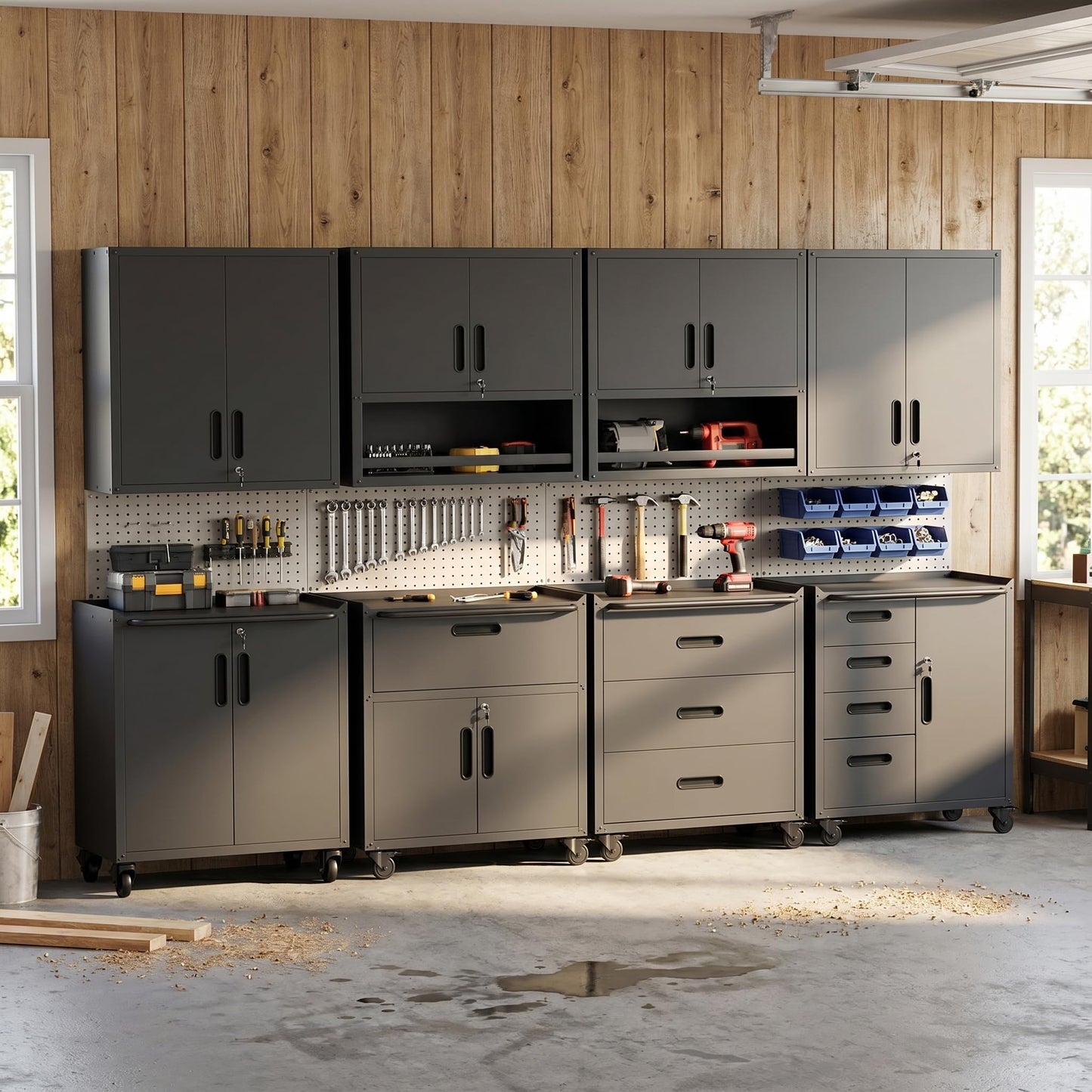 VIYET Metal Tool Cabinet,Garage Storage Cabinet System,Wall Cabinet & Locking Rolling Tool Cabinet with Doors and Adjustable Shelves,Steel Tool Cabinets for Home