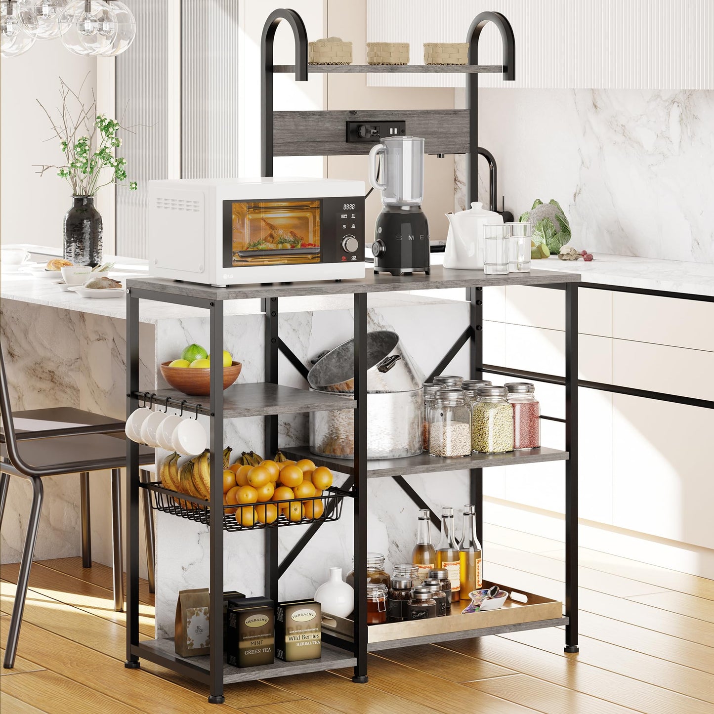 Shintenchi Kitchen Bakers Rack with Power Outlet, Multifunctional Organizer & Storage with 6 Hooks, Microwave Oven Stand, and Coffee Station Shelf, Grey