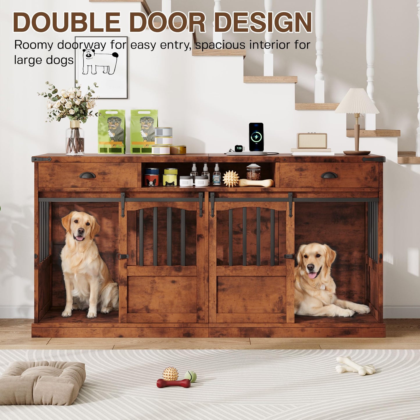 Homiflex 72" Double Dog Crate Furniture with Storage for 2 Medium Large Dogs Farmhouse Wooden Dog Kennel Furniture with 2 Sliding Doors Divider & Power Outlets Decorative Dog Cage TV Stand, Brown