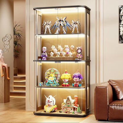 BROTTAR Rounded Display Cabinet with Glass Door, 4-Tier Curio Cabinet with Transparent Full-Display Surface for Collectibles, Glass Display Case with 3 Color Lights, Human Body Sensor, Black