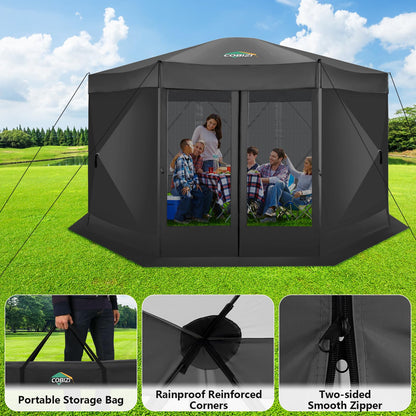 COBIZI 15'x15' Pop Up Gazebo Screen Tent Screen House for Camping, Screen Room with Mosquito Netting, Hub Tent Instant Screened Canopy with Carrying Bag and Ground Stakes, Black