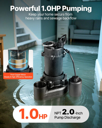 VEVOR Submersible Sewage Pump, 1 HP, 5200 GPH Cast Iron Sewage/Effluent Pump with Automatic Tethered Float Switch, 2-Inch NPT Discharge, 120V, 25 ft Max Lift, for Basement, Septic Tank, Residential