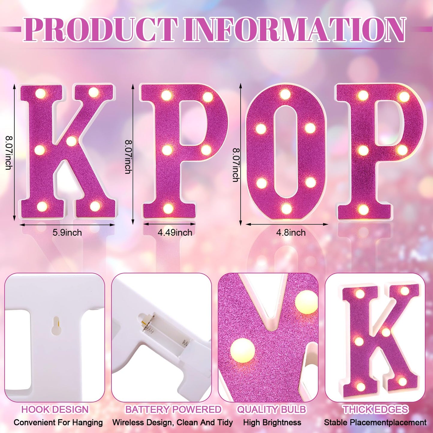 InnovTools Purple KPOP Light Up Marquee Letters, Cordless Plastic LED Sign for K-Pop Room Decor, Wall Mountable Night Light for Teens Music Lovers Birthday Party Concert After-Party