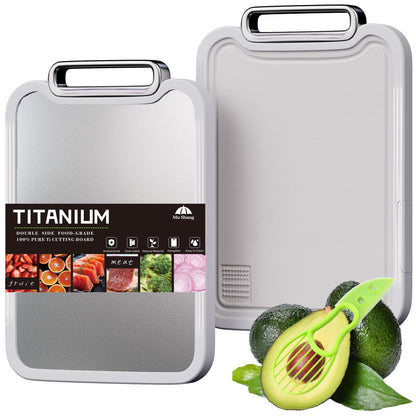 Titanium Cutting Board, 2-in-1 Double Sided Cutting Boards for Kitchen, Pure Titanium & Wheat Straw PP, Metal Chopping Board Easy to Clean for RV/Camping/Kitchen with Avocado Slicer 16"x11"