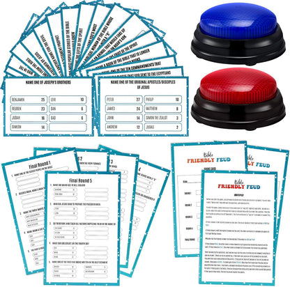 2 Christian Bible Friendly Feud Game with Answer Buzzers, Religious Feud Card Board Game Night Family Church Group Fun