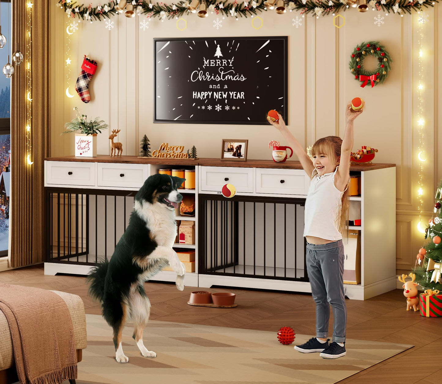GarveeHome Dog Crate Furniture 47", Large Dog Crate TV Stand with 2 Drawers and 4 Shelves, Wooden Dog Kennel Indoor, Decorative Dog Cage with Storage for Large Dogs, White
