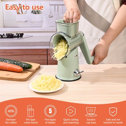 Cheese Grater With Hand Crank Countertop For Kitchen，Grater Shredder With Handle For Kitchen Rotating，Vegetable Slicer，Nuts Grinder Cheese Shredder with Clean Brush(5 Blades Matcha Color)