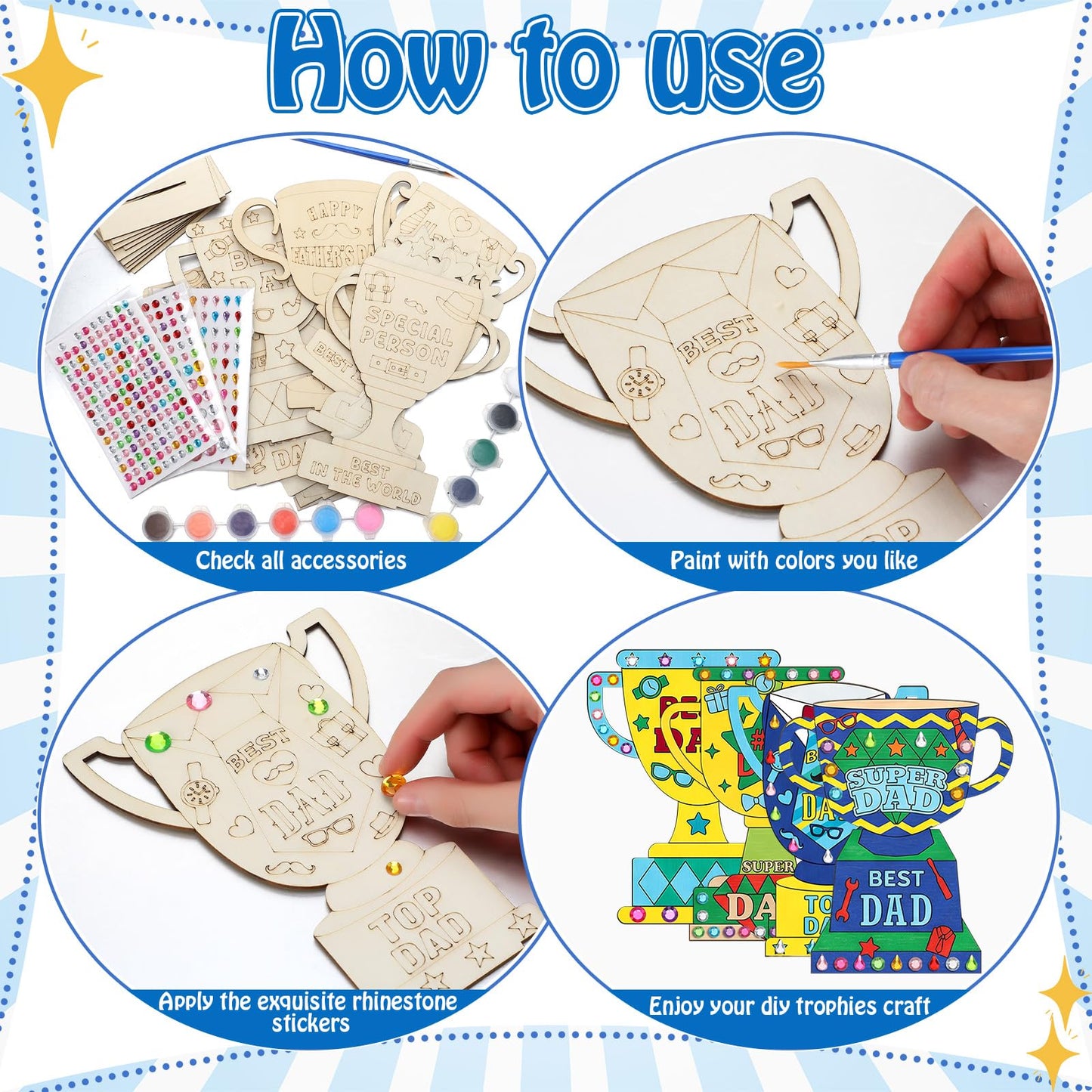 Eaasty 12 Set Father's Day Wooden Trophy Craft Kit 12 Unique Trophy Designs with Acrylic Rhinestone Stickers Paint and Brushes DIY Gifts for Fathers Grandpas Family Classroom Activity Crafts Supplies
