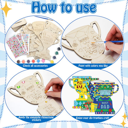Eaasty 12 Set Father's Day Wooden Trophy Craft Kit 12 Unique Trophy Designs with Acrylic Rhinestone Stickers Paint and Brushes DIY Gifts for Fathers Grandpas Family Classroom Activity Crafts Supplies