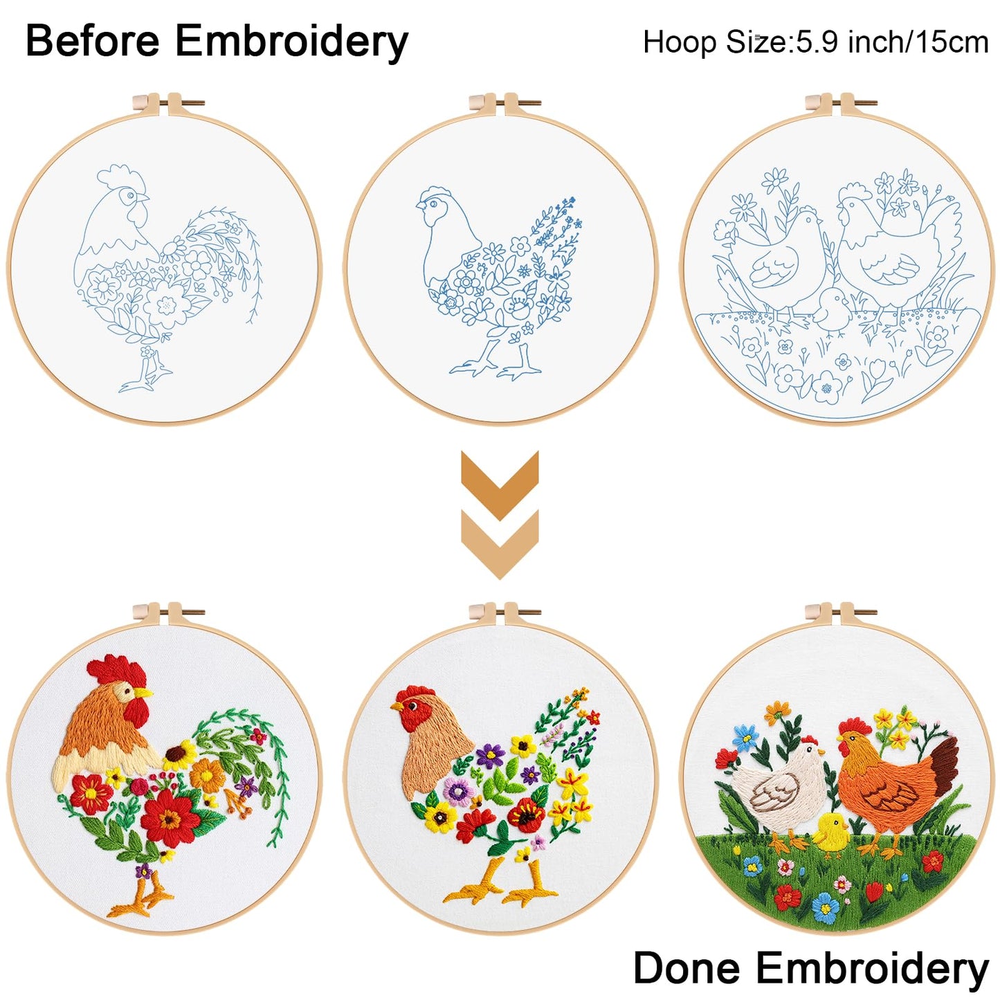 Louise Maelys 3 Sets Chicken Embroidery Kits for Beginners,Cross Stitch Kit for Adults,Art Craft Starters Needlepoint with Rooster,Hen and Farm Lawn Pattern and Tool