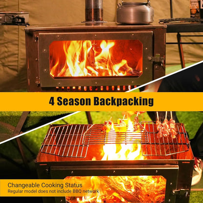 Stainless Steel Camping Tent Stove with Pipe & Bag, Portable Wood Burning Stove for Outdoor Cooking, Hot Tent, Backpacking, Firewood, Folding Camp Wood Stove for Camping with Grill